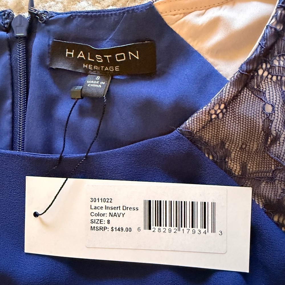 NWT Halston Heritage Lace Insert Dress Navy Blue Ruffle Sleeve Mini Dress Size 8 - Picture 15 of 15